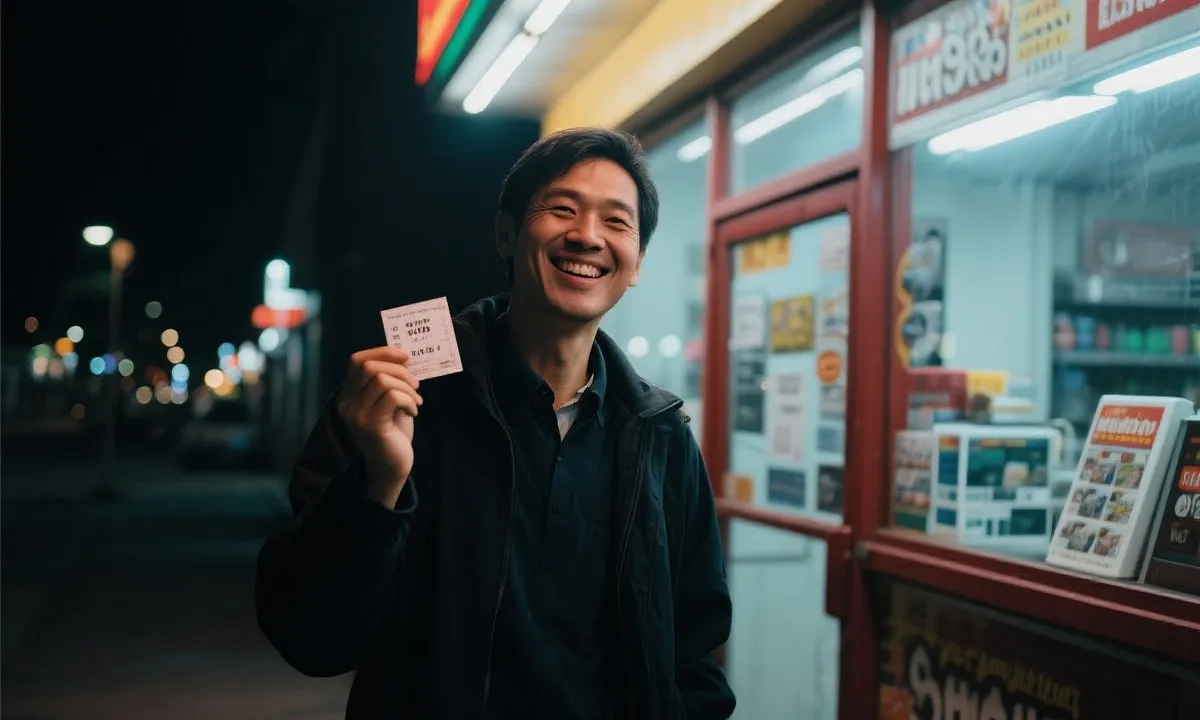 在彩票店门口微笑的购彩者，低调的喜悦与温暖